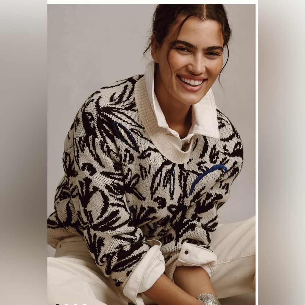 NWT By Anthropologie | Floral Pop Embroidered Wool blend Oversized Sweater Sz S